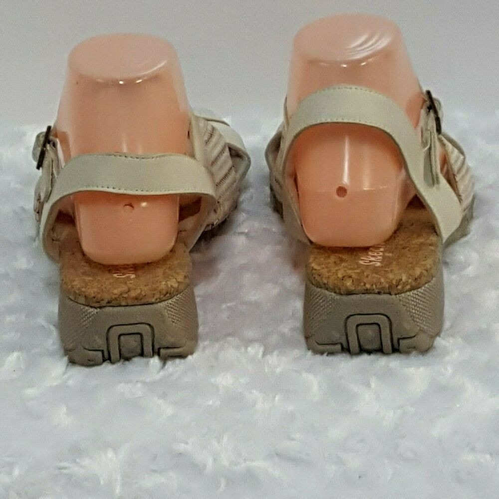 Skechers Womens 10 Sandals T-Strap Beige Striped Strappy Cork Footbed Comfort - Picture 6 of 10